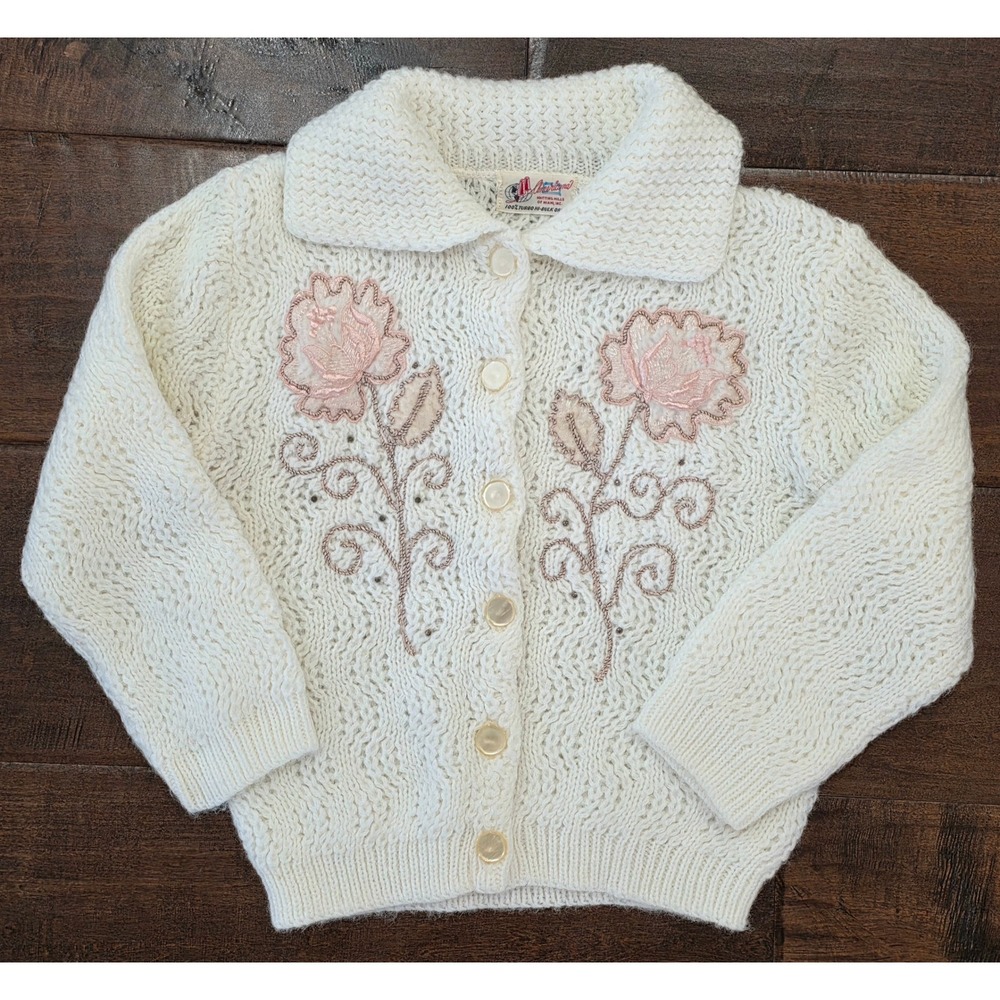 BEAUTIFUL RARE 60s Granny Chic Baby Girls Floral Crochet Cardigan Off White